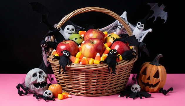 A wicker hamper loaded with red apples, candy corn, and miniature skulls surrounded by bats on a pink surface, created with generative AI.
