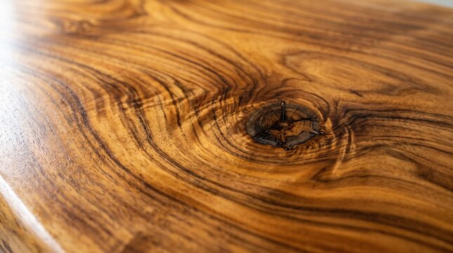 Close up of natural wood grain texture with warm brown tones, swirling rings and a knot, showing the organic pattern of rustic timber, ideal for backgrounds, design and craft projects.