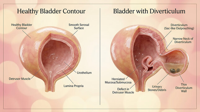 Healthy Bladder Versus Bladder Diverticulum Sac-Like Outpouching and Stasis
