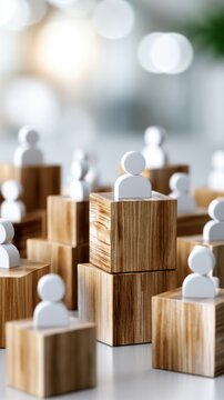 Abstract representation of leadership and hierarchy with wooden blocks and white human figures symbolizing team structure and social organization concepts