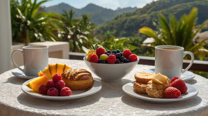 Fototapeta premium Luxury breakfast on balcony with fruit pastry and mountain view