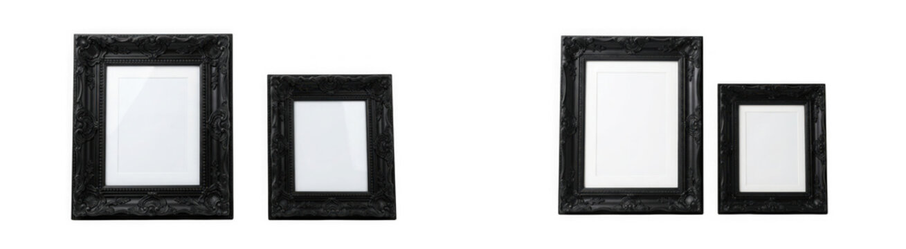 Set of four ornate vintage black picture frames isolated on transparent background