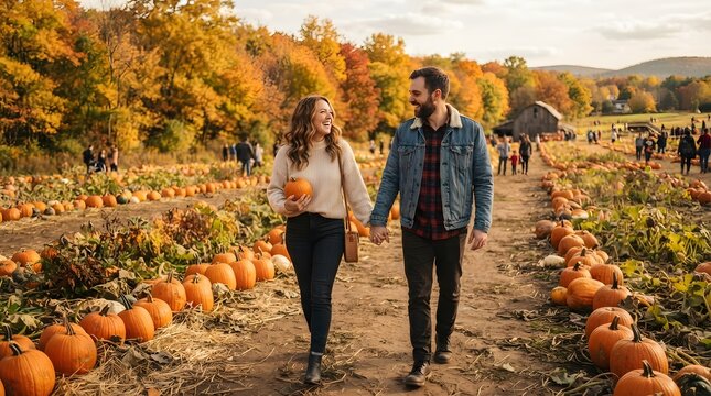 Young couple walking hand in hand through a pumpkin patch in autumn