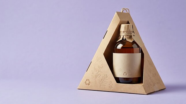 Amber Bottle in Pyramid Kraft Paper Box on Purple Background.