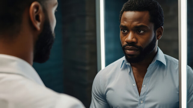 Mirror reflection black man shirt collar grooming routine indoor portrait self reflection self