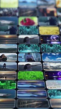 Digital content screens displaying diverse travel, lifestyle clips