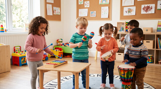 Diverse Group of Preschool Children Playing Musical Instruments Including Xylophone, Maracas, Tambourine, Triangle, and Drum in a Brightly Lit Kindergarten Classroom Interior