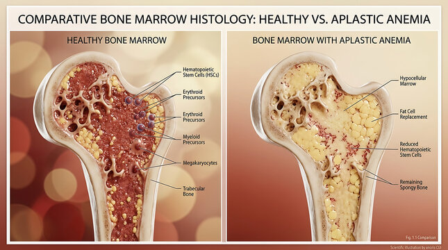 Healthy Bone Marrow Versus Aplastic Anemia Hypocellularity and Fatty Replacement