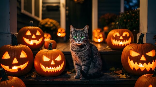 A cute tabby cat sitting among many glowing carved jack o lanterns for a spooky halloween night