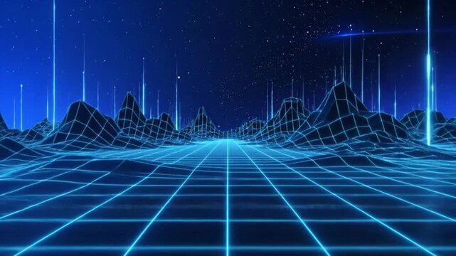 A digital landscape with glowing blue lines and mountain terrain