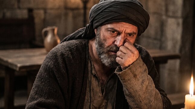 Judas Iscariot sits near a burning candle in deep distress and reflection inside a dimly lit ancient stone chamber.