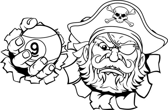 Pirate nine ball pool billiards sports mascot holding a 9 ball cartoon illustration