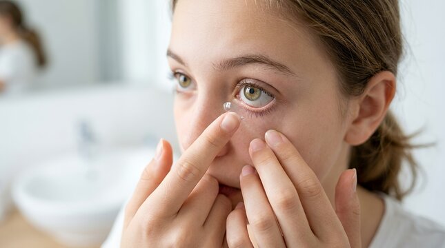 Teenager inserting contact lens into eye. Young girl applying vision correction at home.