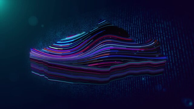 Futuristic animated Romania map reveal featuring flowing neon lines, digital particles, blue grid textures, glowing highlights, atmospheric depth, and the Romania text appearing with the map.