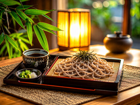 竹と行灯を背景にしたざるそばの和食イメージ　蕎麦店や旅館・日本料理の広告用