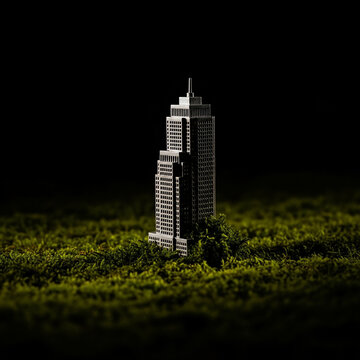 Miniature silver skyscraper standing on lush green moss, representing ecological urban growth and sustainable city architecture.
