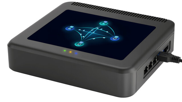 A close-up of an SD-WAN (Software-Defined Wide Area Network) router, a display showing a visualization of optimized traffic, no text, high details, PNG, background.