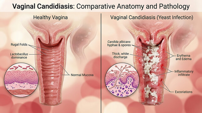 Healthy Vagina Versus Vaginal Candidiasis Curd-Like Discharge and Fungal Hyphae