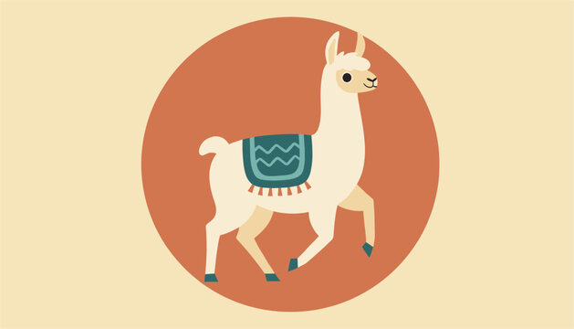 Cute cartoon llama with a decorated blue saddle blanket walking inside a round brown frame on beige background.