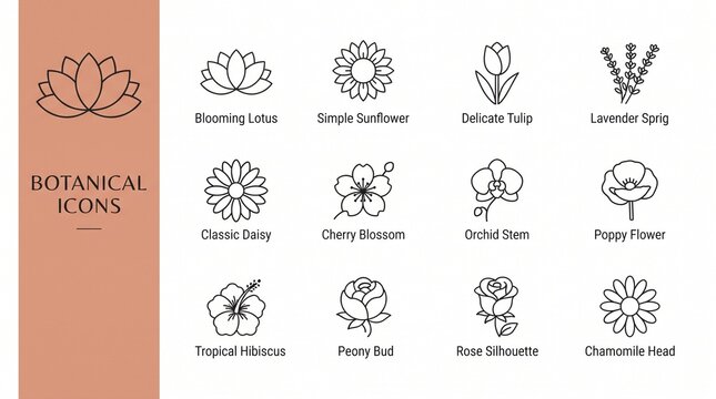 Minimalist Flower Line Art Icons Vector Set Botanical Outline