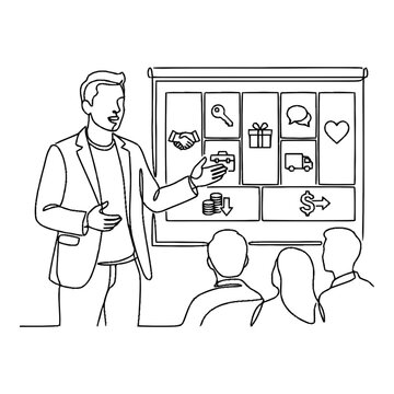Manager explaining a value proposition canvas with business icons to his team during a meeting.