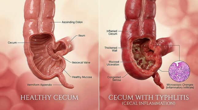 Healthy Cecum Versus Typhlitis Swollen Inflamed Cecum and Mucosal Ulceration