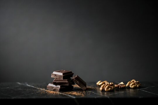 A small stack of dark chocolate squares placed next to several walnut kernels on a dark marble slab with a dusting of cocoa powder nearby
