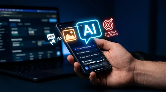 Hand holding smartphone showing ai ads targeting