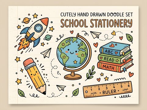 Cute hand-drawn back-to-school stationery set with rocket, globe, and supplies on white background