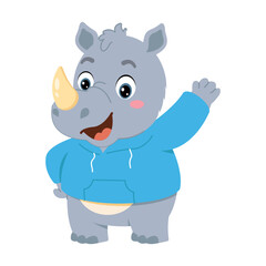 A cheerful gray rhino wears a blue shirt and raises one arm, presenting a friendly horned animal character with a rounded body and playful cartoon expression. © SmashingStocks
