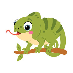 Fototapeta premium A green chameleon rests on a brown branch with its curled tail and large eye visible, presenting a colorful reptile character in a playful cartoon style.