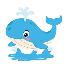 Naklejka premium A bright blue whale splashes above small waves of water, presenting a cheerful marine animal character with a rounded body and playful smiling expression.