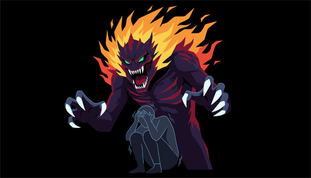 Scary fire monster haunting a terrified cowering person to represent fear anxiety and psychological distress.