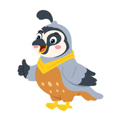 Obraz premium A cheerful cartoon quail gives a thumbs-up while wearing a yellow scarf, presenting a friendly ground bird character with a lively and playful expression.