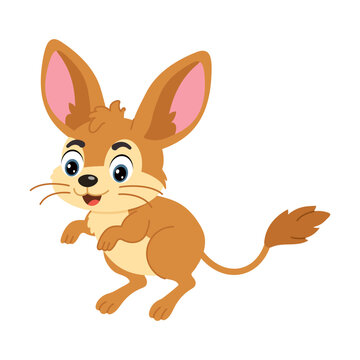 A small brown jerboa jumps forward with oversized ears and a long tail, presenting an energetic desert animal mascot with a cute and playful cartoon appearance.