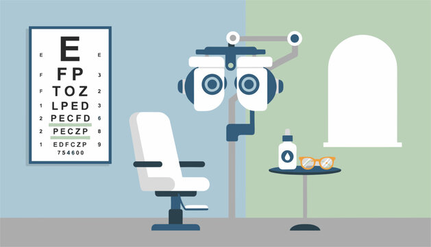Modern ophthalmologist clinic interior with phoropter machine, patient chair, eye drops, glasses, and snellen vision testing chart.