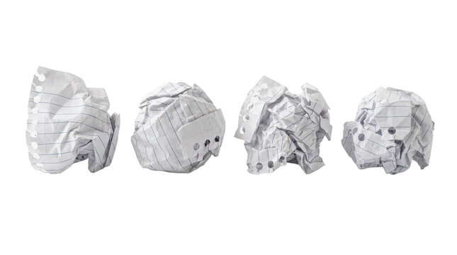 Set of crumpled lined paper balls isolated on transparent background