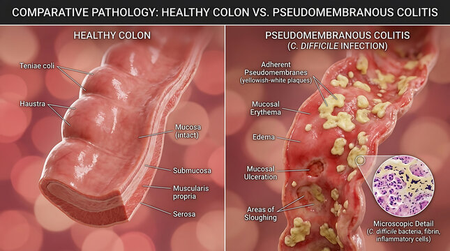 Healthy Colon Versus Pseudomembranous Colitis Yellowish Plaques and C. difficile Toxin