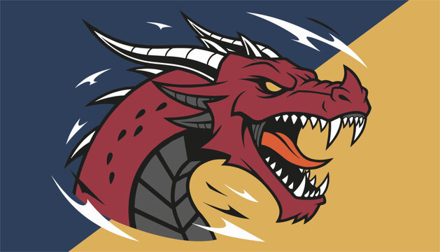 Powerful red dragon head with sharp teeth and yellow eyes roaring fiercely against a split dark blue and gold background.