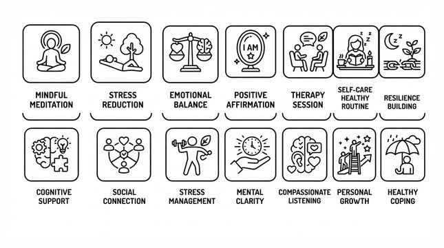 Mental health line icons set, 14 wellness and therapy symbols, mindful meditation and stress reduction graphics for psychology apps