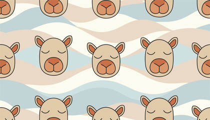 Naklejka premium Seamless vector pattern of sleeping cartoon llamas and alpacas on a soft pastel cream and blue wavy background.