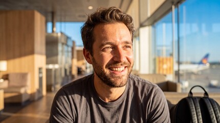 Fototapeta premium Smiling Businessman Waiting for Flight in Airport Lounge