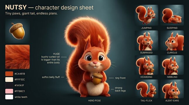 Cartoon squirrel character design sheet featuring various poses including jumping, sleeping, and hoarding, with detailed color palette and visual attributes for animation reference
