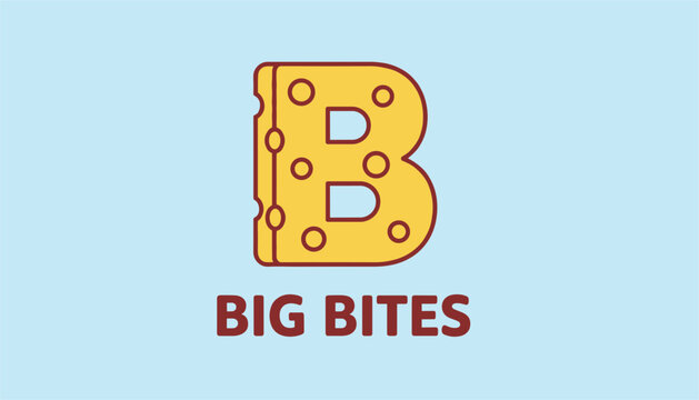 Food design layout featuring a Swiss cheese block shaped as the letter B with big bites text on a blue background.