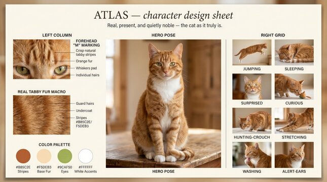 Cartoon mascot character design sheet featuring a tabby cat with various poses and expressions, showcasing detailed fur patterns and color palette for creative projects