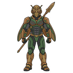 Obraz premium Full-body vector illustration of an armored green and bronze insect superhero character holding a spear in a powerful standing pose