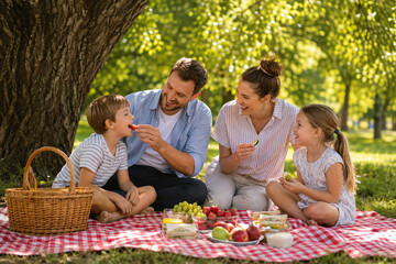 Fototapeta premium Family picnic in park, healthy lifestyle and outdoor summer fun, parents and children enjoying fresh fruit and food on a blanket