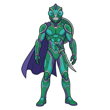 Futuristic Chameleon Warrior in Teal and Purple Armor