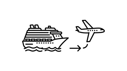 Obraz premium Travel and transport line icon set featuring cruise ship and airplane, transport