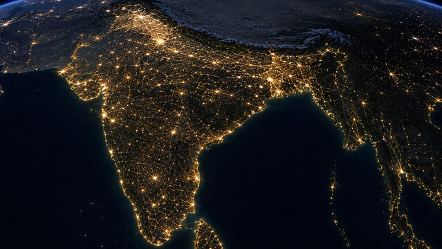 Illuminated India Seen from Orbit at Night with Major Population Centers, Coastlines and Extensive City Light Patterns